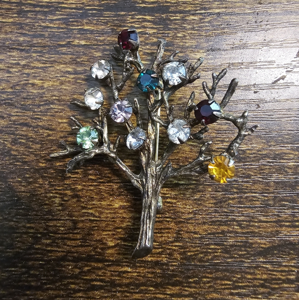 Sterling Silver Vintage; DCE, Curtis Tree of Life Mixed Rhinestone Brooch Pin